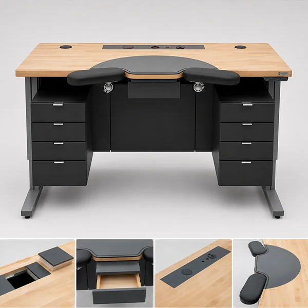 Ergonomischer BenchTech Uhrmachertisch mit Holzarbeitsplatte, zwei Armauflagen, seitlichen Schubladen und integrierten Anschlüssen